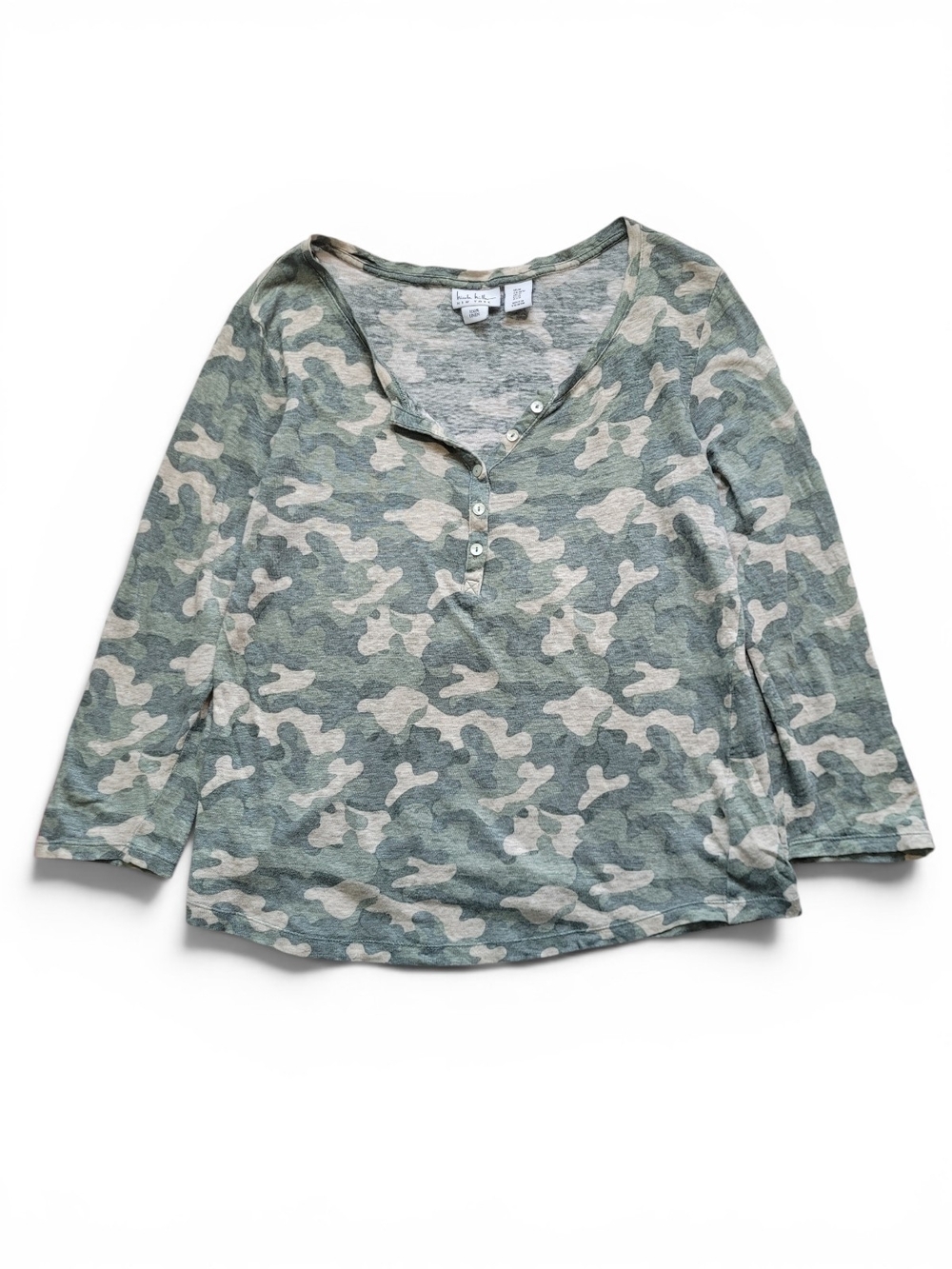 Nicole Miller 100% Linen Camo Henley Top Green & Cream Medium